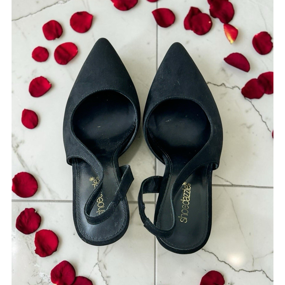 Shoe Dazzle Black Brit Sling-Back Flared Pump Heels Sz 8 Faux Suede 4" Heel - Picture 4 of 8